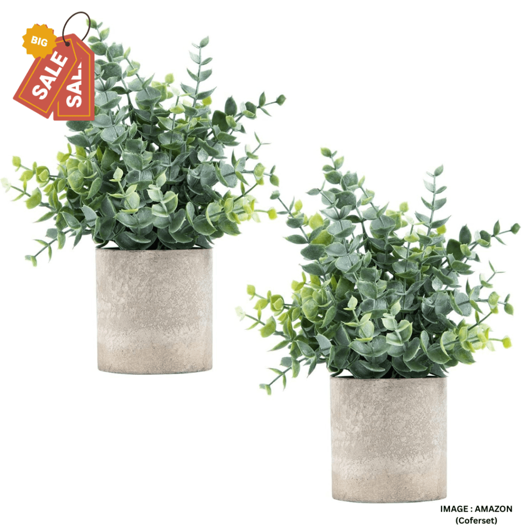 2 Pack Small Fake Plants Eucalyptus Potted Artificial Plants for Shelf Desk Home